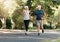 Road running, fitness and senior couple training together on a exercise and workout run. Sports and health motivation of