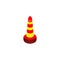 Road safety cone on a car wheel, flat icon. Red yellow warning sign for renovation work. A symbol requiring attention. Web site ap