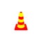 Road safety cone, flat icon. Red yellow warning sign for renovation work. A symbol requiring attention. Web site application and i