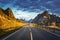 Road by the sea in sunrise time, Lofoten island, Norway