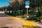 Road sign `Bicycle path` on the background of the Grove and the embankment near the sea. Gelendzhik, Russia