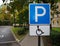 Road sign for disabled parking with autumn trees on background. Empty disabled parking spaces