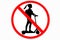 Road sign forbidding electric scooter. Image of a woman on electric scooter with a backpack. red road sign. Illustration of not