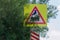 The road sign of the railway crossing. Attention motorists. Warning sign before the railway crossing
