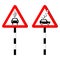 Road sign of rock slide. Rock fall warning sign. Red triangle on a striped pole and the silhouette of a black car illustration