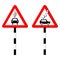 Road sign of rock slide. Rock fall warning sign. Red triangle on a striped pole and the silhouette of a black car. Vector
