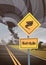 Road Sign Warning About Tornado, Twister Hurricane Countryside Wind Swirl Destroy Field Natural Disaster Concept