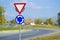 Road sign that warns drivers that they do not have advantage when going on roundabout