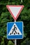 Road signs on a background of trees, give way, pedestrian crossing, traffic rules, road markings