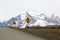 Road signs at the curved mountain road