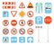 Road signs flat icons set. Traffic symbols. Information on way about danger, direction, roadworks. Limited speed sign