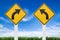 Road signs, right or left curve on sky background. (Clipping Pa