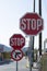 Road signs `Stop` installed on Greek street in Rhodes