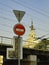 Road signs with view of Kalanchovsky viaduct as well as of Kazansky railway terminal building.