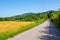 A road in the Spoleto plain in italian countryside with city of Assisi, Italy in background