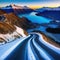 a road on a steep slope and the snow capped Lake Wakatipu Mount at sunset in New