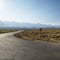 Road with stop sign in barren landscape.