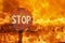 Road stop sign in flame of fire as background