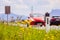 Road in the summer: reflector post, cars, flowers and green grass