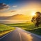 Road at sunset among the years and green fields