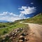 The road to the hill under a serene summer sky