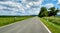 Road to horizon through green meadows below cloudy sky