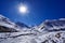 Road to Rumbak Valley and Yarutse, Hemis NP, Ladak, India. River with snow during winter, Himalayas. Mountain landscape in India