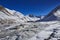 Road to Rumbak Valley and Yarutse, Hemis NP, Ladak, India. River with snow during winter, Himalayas. Mountain landscape in India