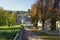 Road to temple. Ancient Cetinje Monastery on sunny autumn day. Montenegro, Cetinje city