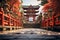 Road to Temple Gate in Kyoto Japan with Cross the Red Bridge at Bright Day