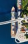 Road and traffic. Aerial view on the cruise ship and bridge in the port. Adventure and travel. Mediterranean sea at sunny day.
