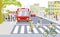 Road traffic with bus stop, pedestrians on zebra crossing and cyclists illustration