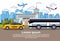 Road Traffic With Bus And Taxi Car Over Airport Buildings And Airplanes In Sky