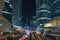 Road Traffic in La Defense District Streets at Night With High Towers