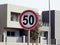 A road traffic sign in Egypt that gives an alert to drivers 50 fifty kilometer per hour is the maximum speed limit, over 50 KM