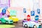 Road traffic in the toy town with handmade cars