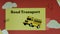 Road transport inscription on yellow and red background with moving bus symbol. Graphic presentation. Transportation