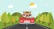 Road trip car vector as family travel vocation journey in summer highway forest cartoon flat humor comic nature landscape