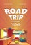 Road trip cartoon poster with camping trailer car