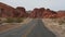 Road trip, driving auto in Valley of Fire, Las Vegas, Nevada, USA. Hitchhiking traveling in America, highway journey