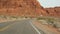 Road trip, driving auto in Valley of Fire, Las Vegas, Nevada, USA. Hitchhiking traveling in America, highway journey