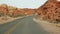 Road trip, driving auto in Valley of Fire, Las Vegas, Nevada, USA. Hitchhiking traveling in America, highway journey