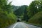 On road trip after raining through local green scenic route during springtime with mountain tunnel ahead