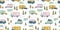 Road trip seamless pattern, doodle camper vans, vanlife, adventure - great for textiles, banners, wallpapers - vector design