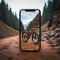 Road trip tech Smartphone mockup on bike, navigation emphasized, blank screen template