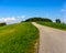 Road up a hill towards a small forest under blue sky with some clouds