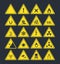 Road warning signs set. Triangular yellow symbols increased fire peril danger of loose soil radioactive alarm lethal