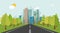 Road way to city buildings on horizon vector illustration, highway cityscape flat style