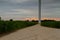 A road, wind turbines, corn fields and sunrise