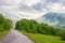 road winds through the foggy countryside